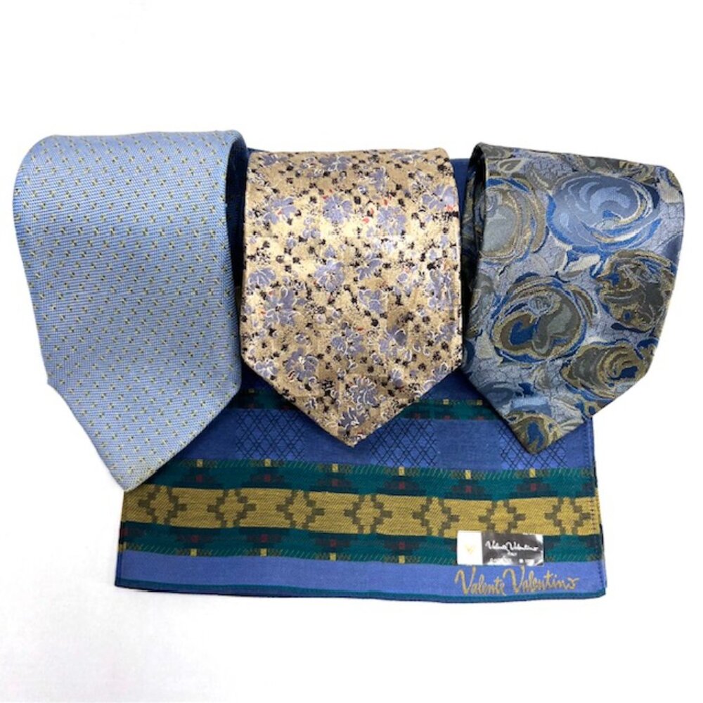 Set:3 Neckties Valentino-Luciano-Ermenegildo +1 Vlentino Handkerchief Blue (59)